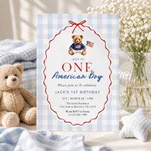 Preppy American Teddy Bear Blue Gingham Boy First Invitation