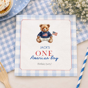 Preppy American Teddy Bear Blue Gingham Boy First Napkins