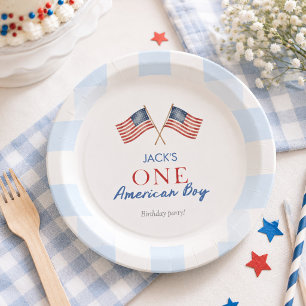 Preppy American Teddy Bear Blue Gingham Boy First  Paper Plates