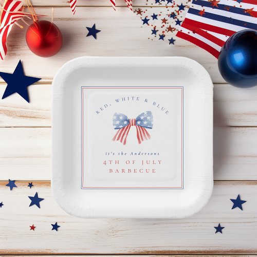 Preppy American Watercolor Bow July 4th BBQ Paper Plates