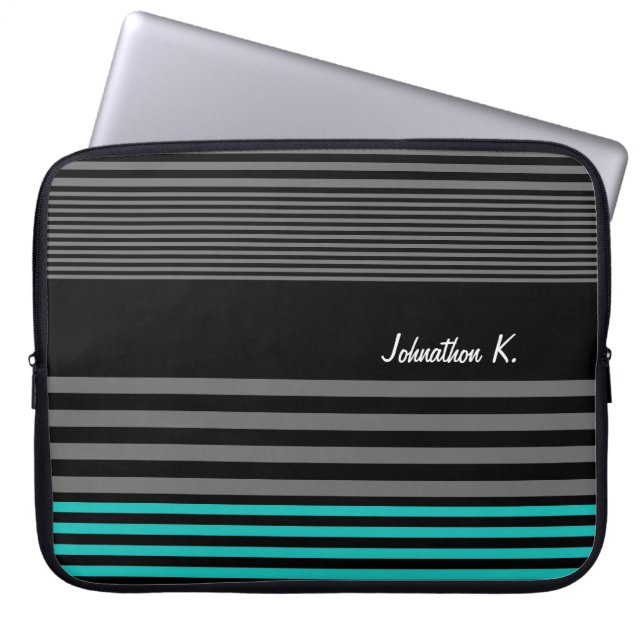 Preppy and Fresh Teal Stripes With Name Laptop Sleeve (Front)