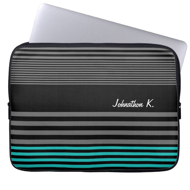 Preppy and Fresh Teal Stripes With Name Laptop Sleeve (Front)