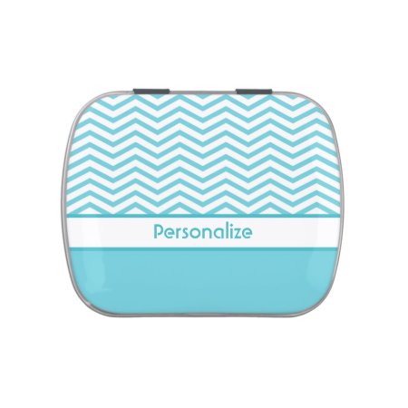 Preppy Aqua Blue And White Chevrons With Name Candy Tin