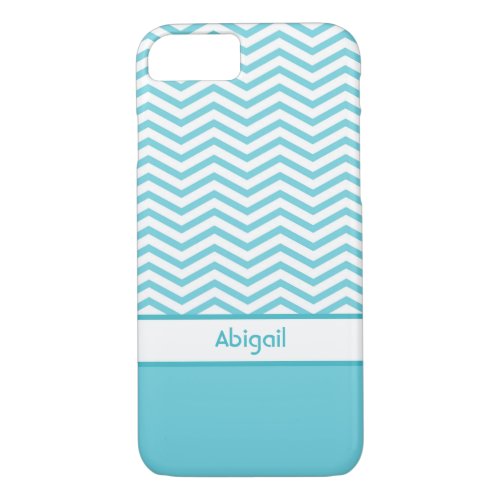 Preppy Aqua Blue and White Chevrons With Name iPhone 87 Case