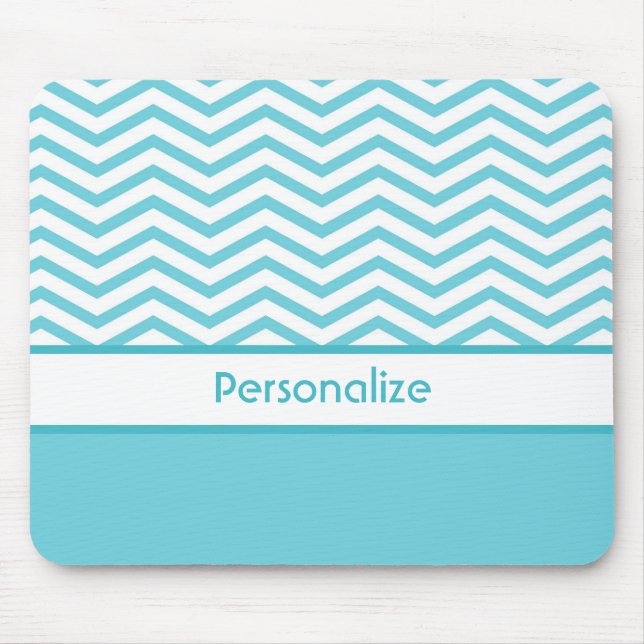 Preppy Aqua Blue and White Chevrons With Name Mouse Pad (Front)