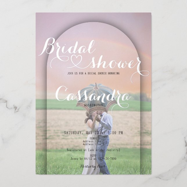 Preppy Arch Handwritten Heart Photo Bridal Shower Foil Invitation (Front)
