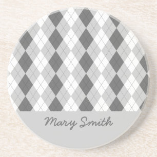 Preppy Argyle Custom Name Gray Pattern Drink Coaster