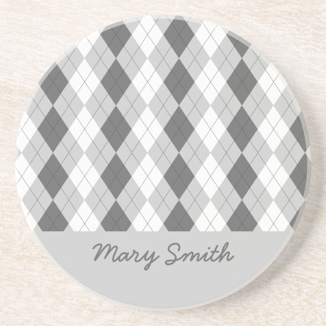 Preppy Argyle Custom Name Gray Pattern Drink Coaster (Front)