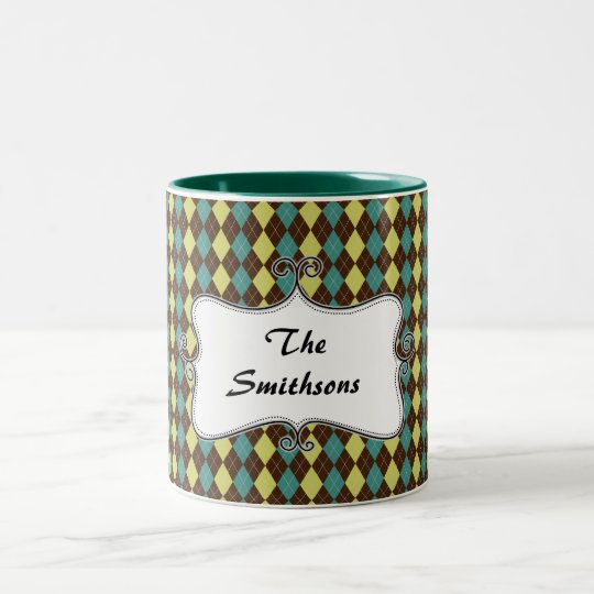preppy argyle green & chocolate brown personalized Two-Tone coffee mug