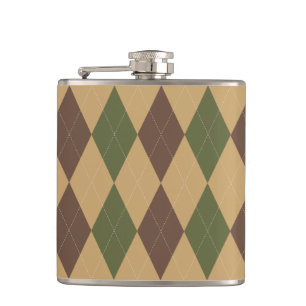 Preppy Argyle Khaki Army Green Brown Personalized Flask