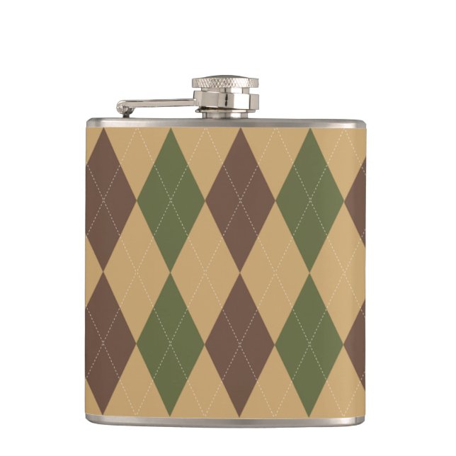 Preppy Argyle Khaki Army Green Brown Personalized Flask (Front)