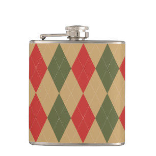 Preppy Argyle Khaki Army Green Red Personalized Flask