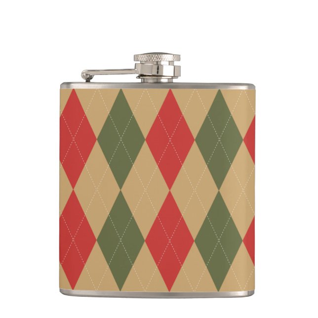 Preppy Argyle Khaki Army Green Red Personalized Flask (Front)