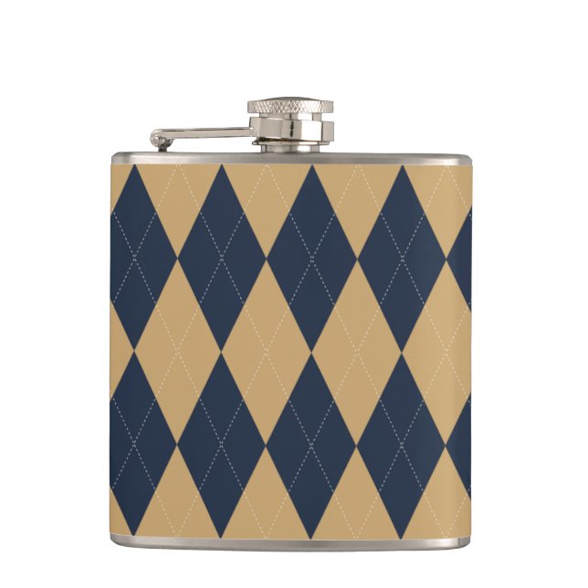 Preppy Argyle Khaki & Navy Personalized Groomsmen Flask (Front)
