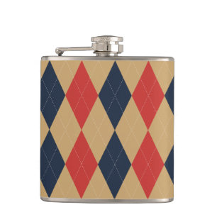 Preppy Argyle Khaki Navy Red Personalized Flask