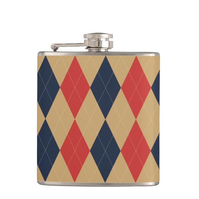 Preppy Argyle Khaki Navy Red Personalized Flask (Front)