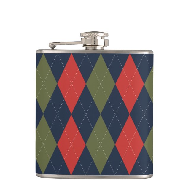 Preppy Argyle Navy Khaki Army Green Personalized Flask (Front)