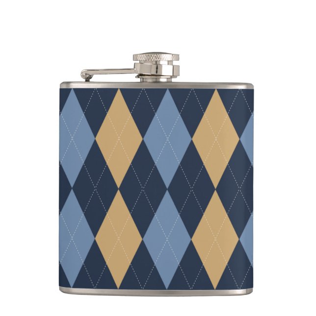 Preppy Argyle Navy Khaki Smoke Blue Personalized Flask (Front)