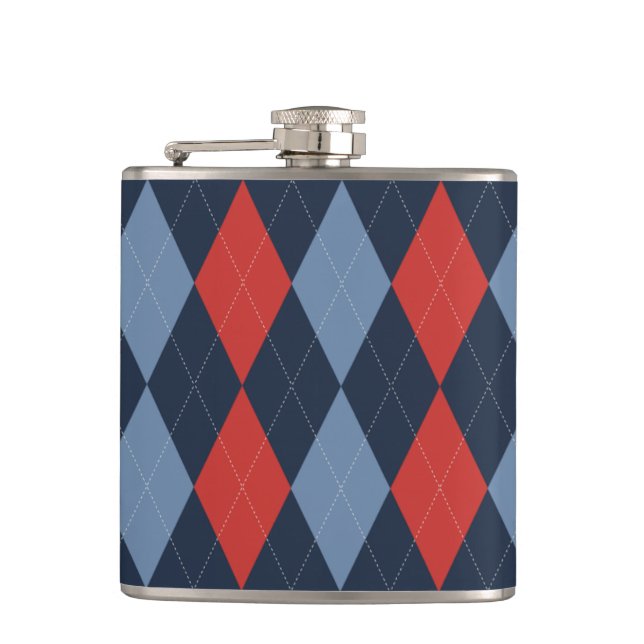 Preppy Argyle Navy Red Smoke Blue Personalized Flask (Front)