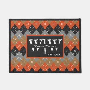Preppy Argyle Orange Gray Argyle Personalized Doormat