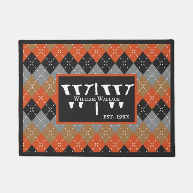 Preppy Argyle Orange Gray Argyle Personalized Doormat (Front)