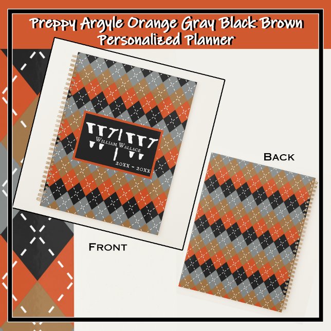 Preppy Argyle Orange Gray Black Brown Personalized Planner (Make a standout statement with this handsome, colorful, bold, unique, customizable daily planner. )