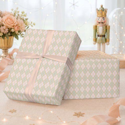 Preppy Argyle Peach Mint Christmas Holiday  Wrapping Paper