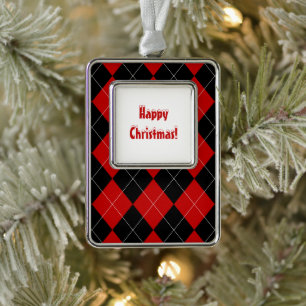 Preppy Argyle Tartan Diamond Plaid Red Black Christmas Ornament