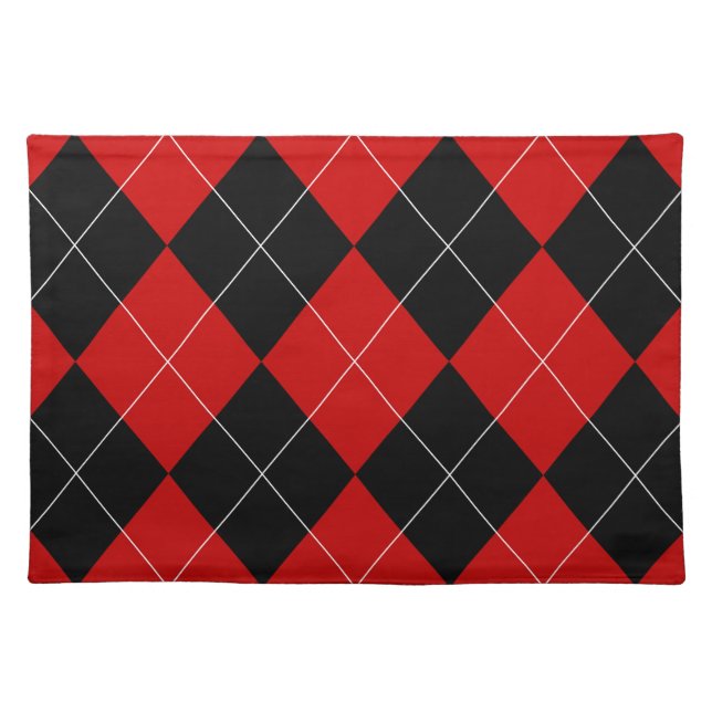 Preppy Argyle Tartan Diamond Plaid Red Black Cloth Placemat (Front)