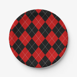 Preppy Argyle Tartan Diamond Plaid Red Black Paper Plates