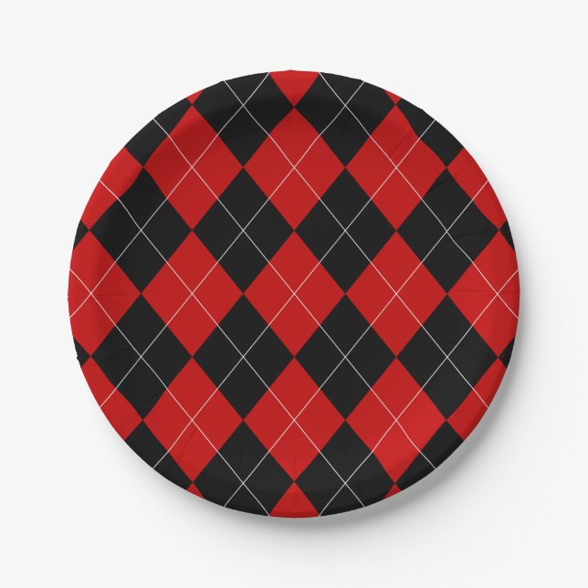 Preppy Argyle Tartan Diamond Plaid Red Black Paper Plates (Front)