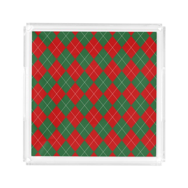 Preppy Argyle Tartan Diamond Plaid Red Green Acrylic Tray (Front)