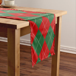 Preppy Argyle Tartan Diamond Plaid Red Green Short Table Runner