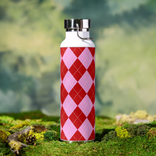Preppy Argyle Tartan Diamond Plaid Red Pink Water Bottle