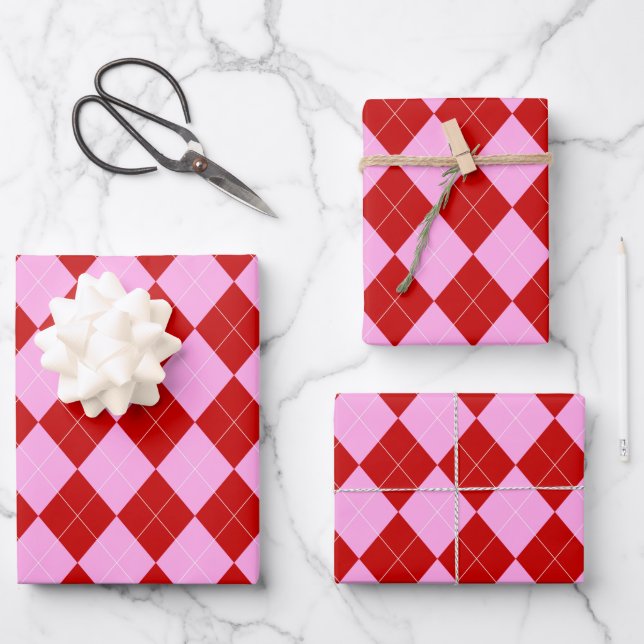 Preppy Argyle Tartan Diamond Plaid Red Pink Wrapping Paper Sheets (Front)
