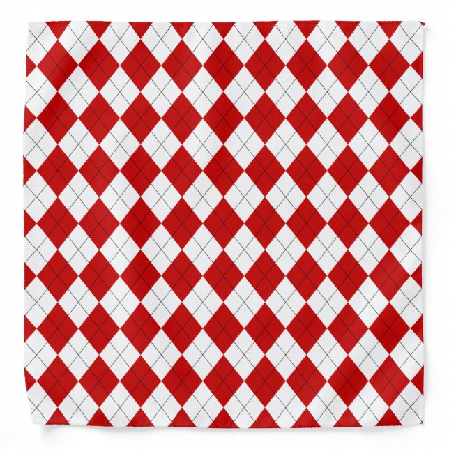 Preppy Argyle Tartan Diamond Plaid Red White Bandana (Front)