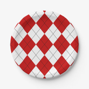 Preppy Argyle Tartan Diamond Plaid Red White Paper Plates