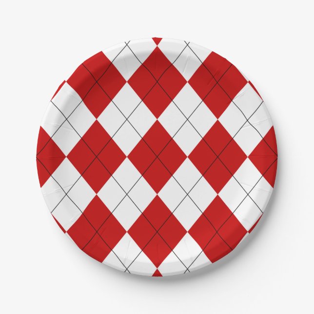 Preppy Argyle Tartan Diamond Plaid Red White Paper Plates (Front)