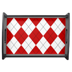 Preppy Argyle Tartan Diamond Plaid Red White Serving Tray
