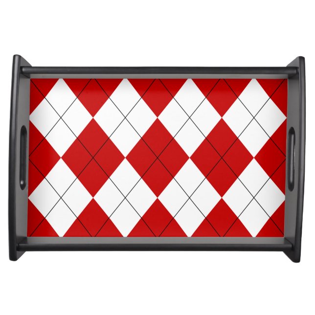Preppy Argyle Tartan Diamond Plaid Red White Serving Tray (Front)