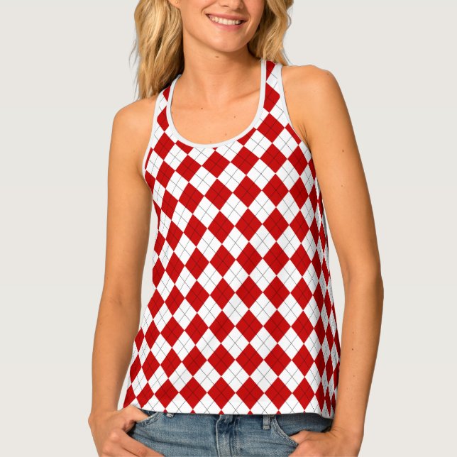 Preppy Argyle Tartan Diamond Plaid Red White Tank Top (Front)