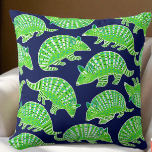 Preppy Armadillos Navy Blue Green Throw Pillow