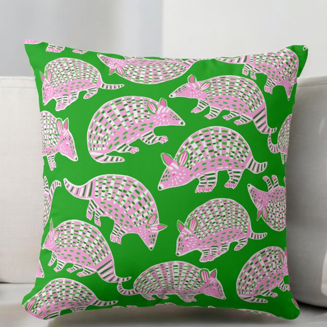 Preppy Armadillos Pink Green  Throw Pillow (Creator Uploaded)