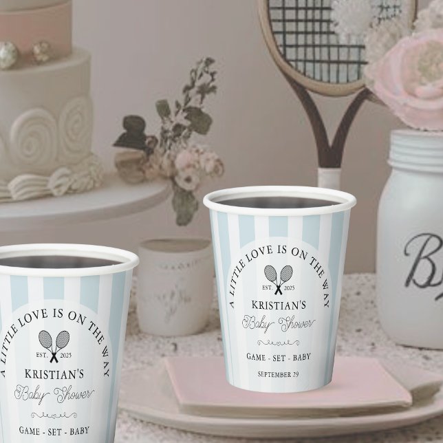 Preppy Baby Blue Tennis Country Club Baby Shower Paper Cups (Elegant blue and white striped tennis theme baby shower paper cups for sports decor personalized)