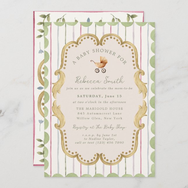 Preppy Baby Carriage Grandmillennial Baby Shower Invitation (Front/Back)