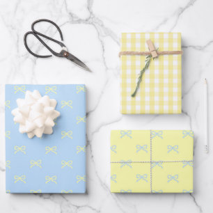 Preppy Baby Girl Shower Blue Yellow Bow Gingham Wrapping Paper Sheets