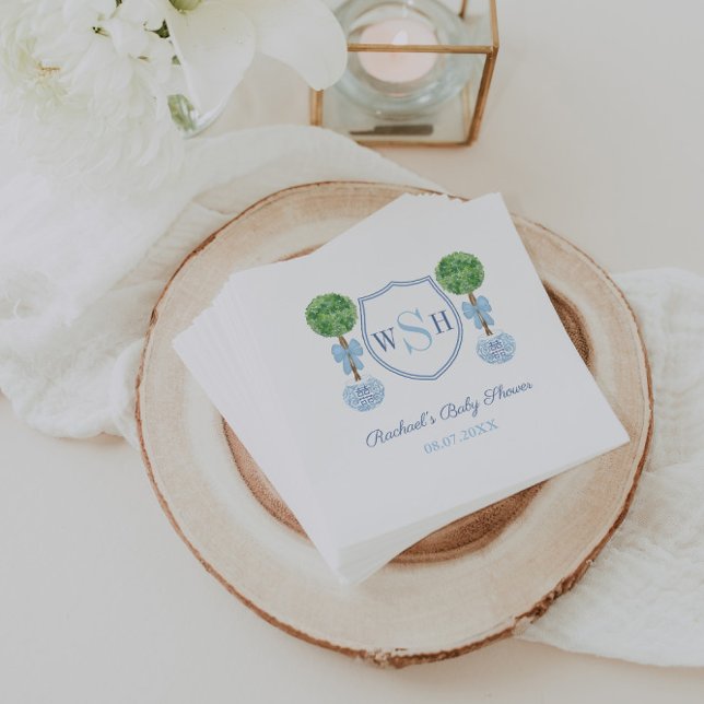 Preppy Baby Shower Monogram With Boxwood Topiary Napkins (Preppy topiary with blue bow and 3 letter monogram crest baby shower napkins)