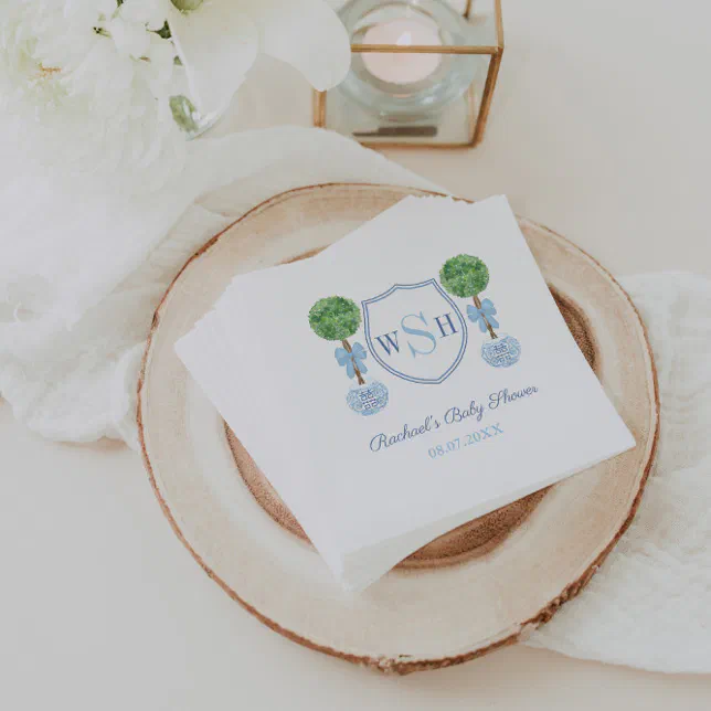 Preppy Baby Shower Monogram With Boxwood Topiary Napkins


