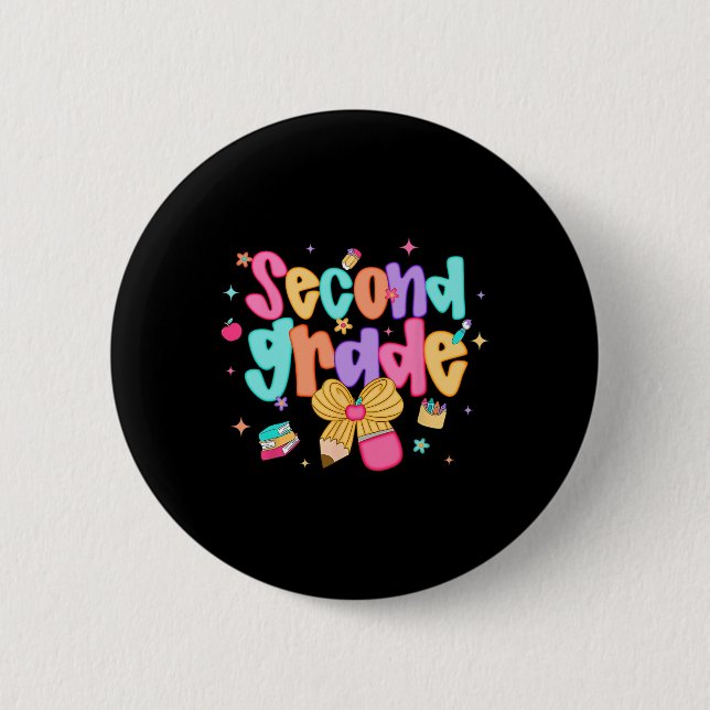 Preppy Back To School 2nd Grade Coquette Bow Girls Button (Front)