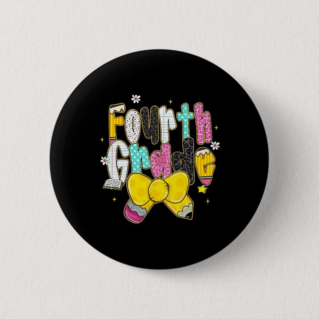 Preppy Back To School 4th Grade Coquette Bow Girls Button (Front)